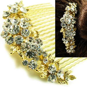 EE. UU. Peine de Pelo Cristal Hecho a Mano Novia Boda Baile de graduación Vintage Flor Pin Dorado 02 - Imagen 1 de 7