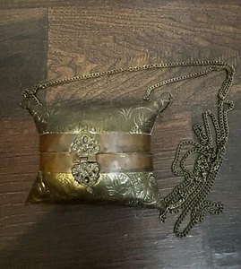 Pillow Purse Vintage 1930s Brass & Copper Shell Chain Evening Velvet Lined 4” - Picture 1 of 9