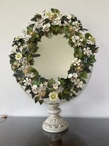 Antique 1940s Italian Tole Cast Metal Painted Green Flowers Swivel Mirror Old - Picture 1 of 12