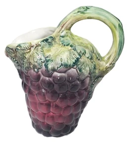 Italian Majolica Purple Grape Cluster Pitcher Green Stem Leaf Handle | Pizzato - Picture 1 of 10