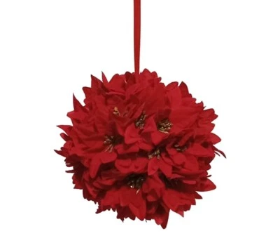 Red Poinsettia 8" Kissing Ball/Christmas Ornament Mistletoe Silk Flower Holiday - Image 1 of 2