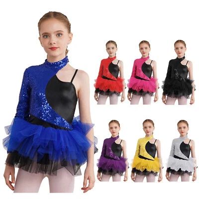 UK Girls Sequins Leotard Dresses Ballet Dance Costume for Jazz Modern Hip Hop - Image 1 of 3