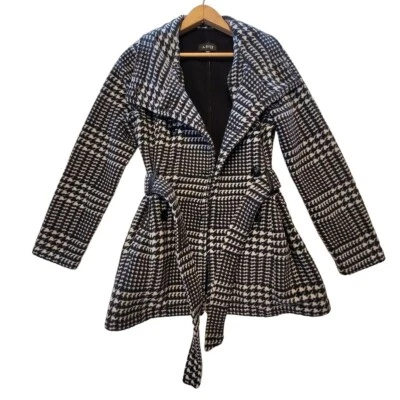 A Byer 夹克女式 S 双排扣领带前抓绒外套黑色白色 — 第 1/4 张图片