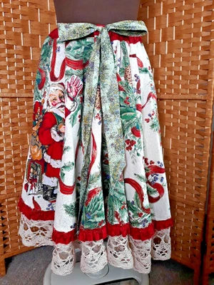 Upcycled Tablecloth Skirt Christmas Santa Applique Drawstring Crochet One Size - Image 1 of 4