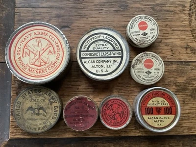 8- Contenedores de lata de percusión de mosquete Winchester, Remington, Navy Arms, UMC Co. Foto 1 de 4