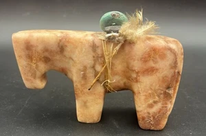 Zuni Fetish Native American Carved Stone Burro Horse Turquoise Feathers - Picture 1 of 11