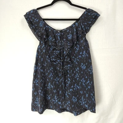 Blusa THEORY Arnalda 100% Seda Medio Botón Sin Mangas Azul y Negro Floral Talla S Foto 1 de 4