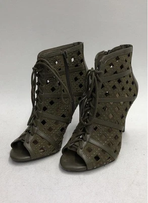 Gianni Bini Olive Green Lattice Cutout Peep Toe Lace Up High Heel Booties - Image 1 of 4