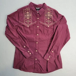 Wrangler Shirt Womens Large Retro Aztec Embroidery Pearly Snap Buttons Burgundy - Picture 1 of 8
