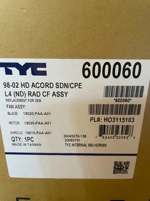 Conjunto de ventilador de refrigeración del motor TYC 600060 para 98-02 Honda Accord 2,3 L-L4 Foto 1 de 2