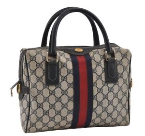 Authentic GUCCI Sherry Line 2Way Hand Boston Bag GG PVC Leather Navy 3346H