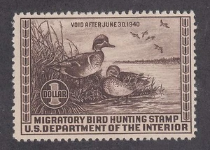 US Sc RW6 MLH. 1939 $1 Green Winged Teal, Duck Hunting Permit Stamp - Picture 1 of 1