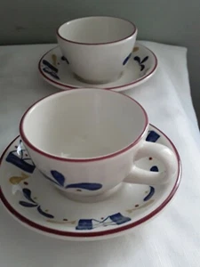 Vintage Buffalo china restaurant ware, Blue, Gold colors red rim, 2 cups saucers - Picture 1 of 7