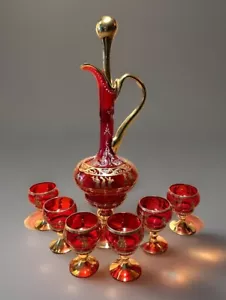 Vintage Murano Ruby Red Blown Glass Decanter & Stopper & 6 Footed Glasses,VGC - Picture 1 of 7