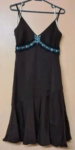 Karen Millen Dress Brown Silk Strappy Beaded V Neck Lined Size 10 - Picture 1 of 6