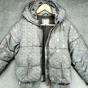 GAP Kids Spotted Puffer Coat Jacket L Gray Hooded - Picture 1 of 24