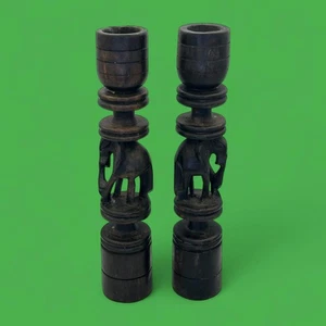 Pair of Hand-Carved African Elephant Candle Holders – Hardwood Tribal Art - Picture 1 of 9
