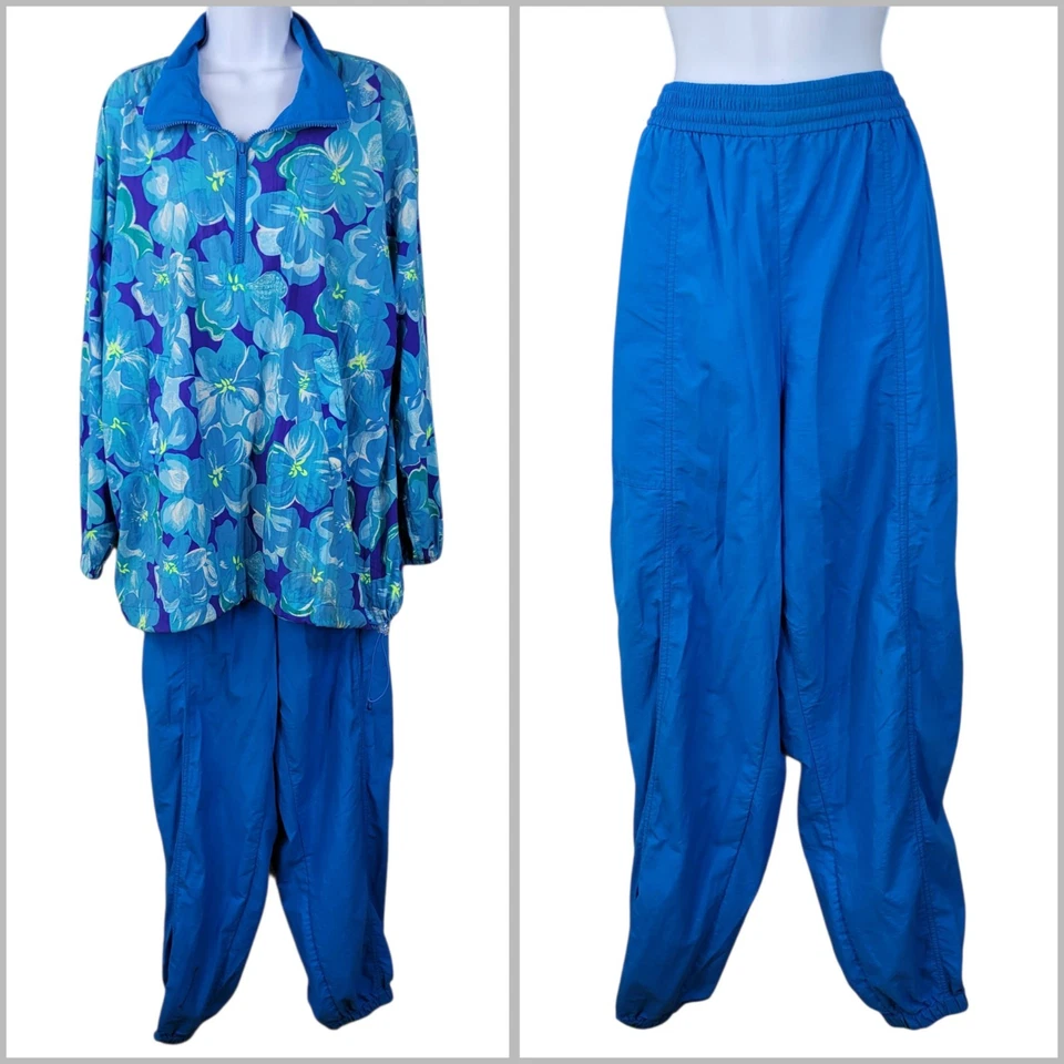 Conjunto de traje de chándal vintage años 90 XL azul pulóver chaqueta pantalones nailon floral  Foto 1 de 4