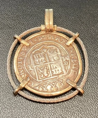 Genuine Mexico 1 Real 1542-1555 Carlos & Joanna Silver Cob Coin 14K Gold Pendant - Image 1 of 4