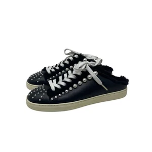 Stuart Weitzman Goldie Embellished Leather Backless Sneakers - Black - Size 7 - Picture 1 of 8