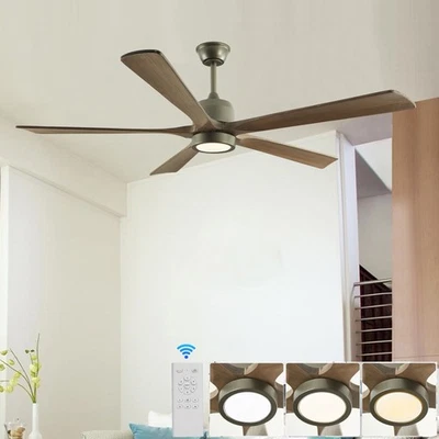 60" Gray Wood Large Ceiling Fan LED Light Dimmable Chandelier Kit with Remote UL - Image 1 of 4