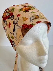Playful Fall Puppy Dog Lined Medical Skull Scrub Cap Surgery, Veterinarian Hat - Picture 1 of 4