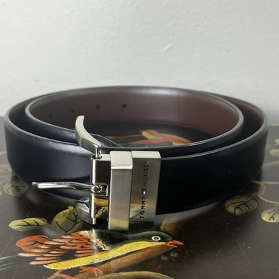 TOMMY HILFIGER 男式双面宽腰带黑色/棕色 - M 码(34-36) — 第 1/4 张图片