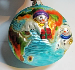 Christopher Radko ? Round World Globe Glass Ornament Frolicking Snowmen 4.75" - Picture 1 of 2
