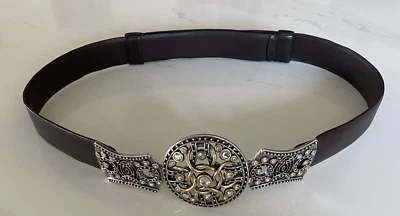 Cinturón Chico’s Ajustable Mujer Cuero Marrón Tono Plateado y Dorado Estrás M/L Foto 1 de 4