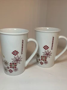 Set of 2 Starbucks 2013 Poinsettia Snowflake 12 oz Holiday Latte Coffee Tea Mugs - Picture 1 of 9
