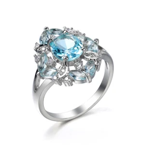 Anillo de boda para mujer de corte redondo azul aguamarina banda circular plata 925 talla 6-10 - Imagen 1 de 10