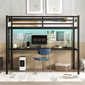 Twin XL Size Metal Loft Bed w/Desk,Power Outlet & LED Lighted for Teens Black - Picture 1 of 14