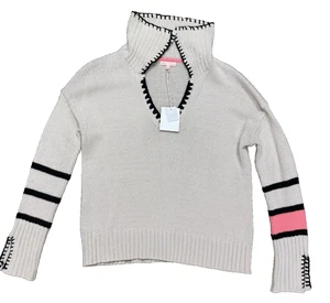 LISA TODD NWT $218 Beige w/ Black Whipstitch PInk Stripe Collar Sweater Size M - Picture 1 of 6