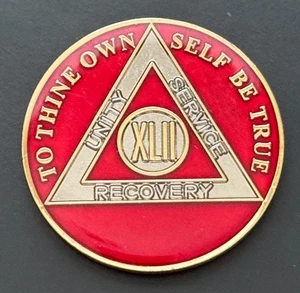 Alcoholics Anonymous AA 42 Red Years Recovery Token Coin Chip - Picture 1 of 2