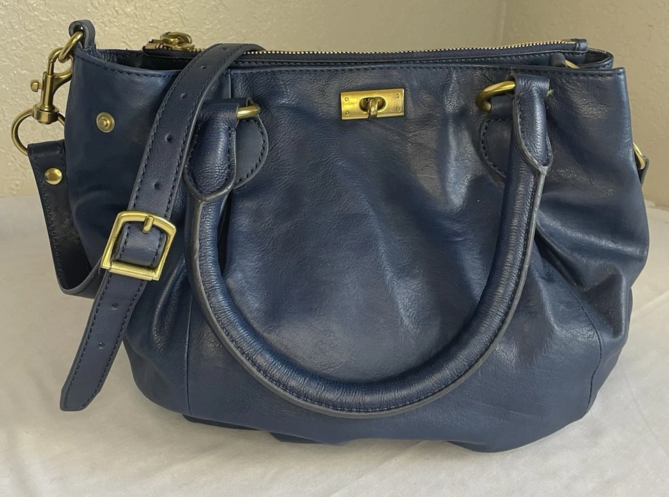 J. Crew 海军蓝真皮挎包手提包斜挎包很好!! — 第 1/4 张图片