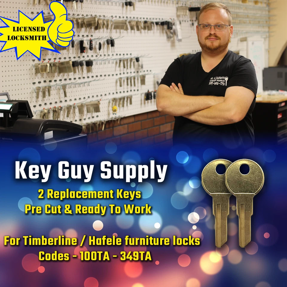 100TA-349TA. 2 New keys for Timberline / Hafele furniture & desk locks. Pre Cut.