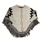 Color Swatch Tan Black Colorful Fringe Poncho Sweater Cover Up M/L