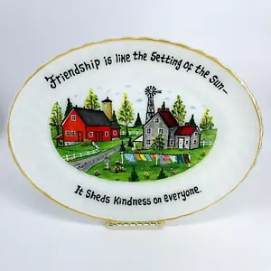 ANCHOR HOCKING DECORATIVE HAND-PAINTED MILK GLASS W.GOLD TRIM PLATE-COUNTRY FARM - Picture 1 of 7