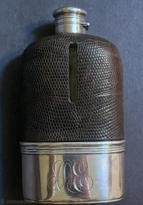 GORHAM Antiguo 1897 PLATA ESTERLINA Frasco Taza CUERO LAGARTO 1/2 Pinta Botella de Vidrio - Imagen 1 de 24
