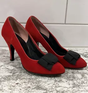 Vintage 40's 50's Red Velvet Pinup Girl Pumps With Black Bows Costume Cosplay - Picture 1 of 10