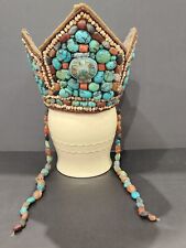ANTIQUE INDIAN TIBETAN LADAKH CARVED TURQUOISE & CORAL HIGH LAMA BUDDHIST CROWN
