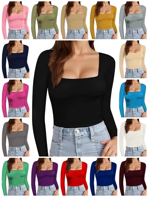 SASSY STYLE WOMENS LONG SLEEVE SQUARE NECK PLAIN T-SHIRT TOP UK 8-26