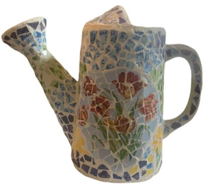 Large Mosaic Tile Flower Planter Watering Can Yard Home Decor Metal Base UNIQUE - Picture 1 of 11
