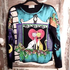 Vintage Kolorway Usa Painted Love Cats Long Sleeve Shirt SMALL? 80S 90S Y2K - Photo 1 sur 23