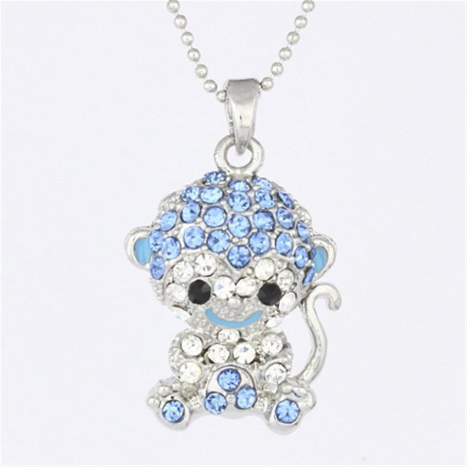 Blue Rhinestone Crystal Cheeky Monkey Doll Pendant Necklace P894 - Image 1 of 3