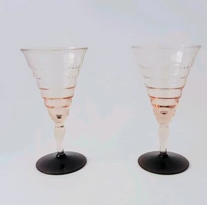 2 ~ Utility Glass Works Mandalay 1920's Pink Optic Wine Glasses w Amethyst Base - Picture 1 of 6