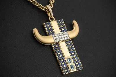 Jazychic Stier Sternzeichen Anhänger Blaue Saphire Diamanten in Gelbgold Schmuck - Bild 1 von 4