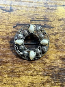 Vintage Art Nouveau Sterling Silver Baroque Pearl Pin Brooch Signed Leaves - Picture 1 of 6