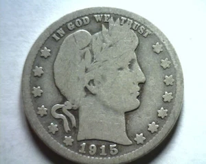 1915 BARBER QUARTER DOLLAR GOOD+ G+ NICE ORIGINAL COIN BOBS COINS FAST SHIPMENT - Picture 1 of 2