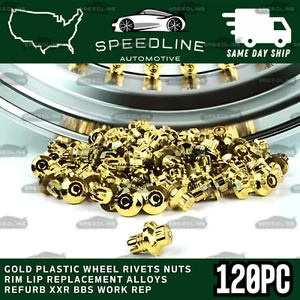120 x Gold Plastic Wheel Rivets Nuts Rim Lip Replacement Alloys BBS Work Style - Picture 1 of 1